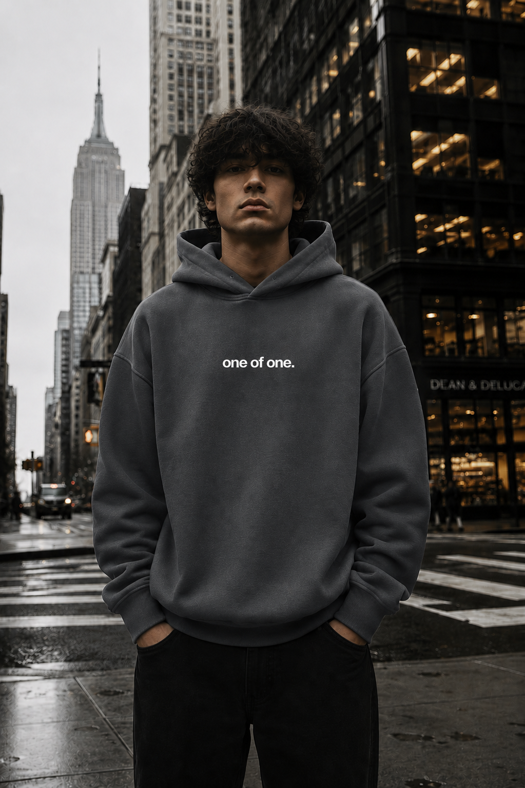 Origin Hoodie in Slate — 'one of one.' chest print